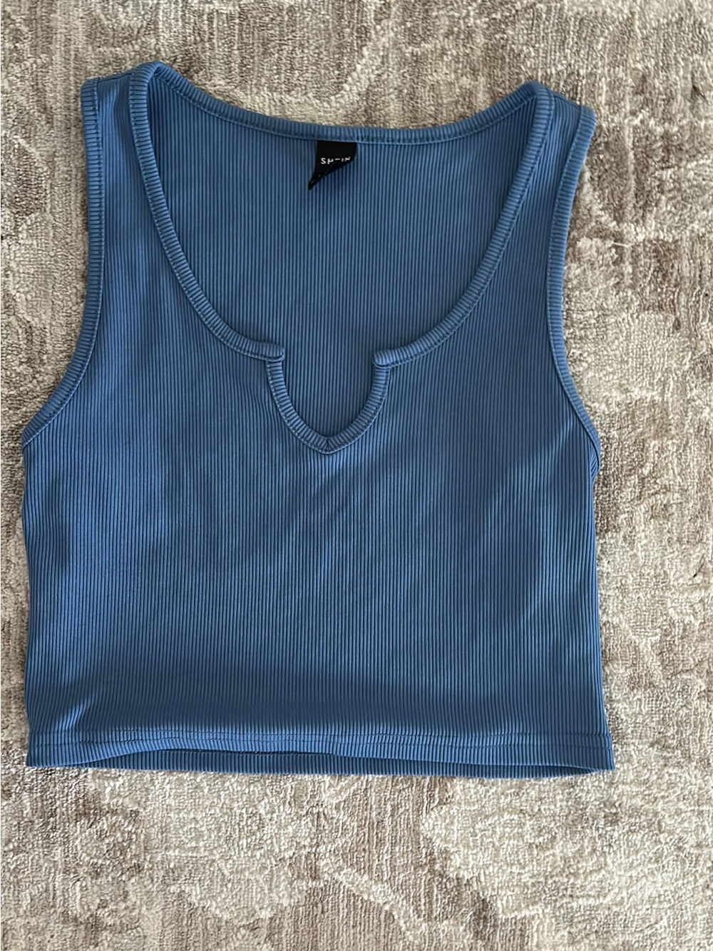 Ribbed Notch-Neck Tank Top - Blue